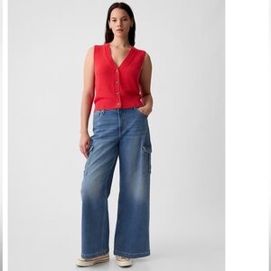 GAP High Rise Stride Wide-Leg Cargo Jeans Woman 26/2 Petite Blue Streetwear 2024